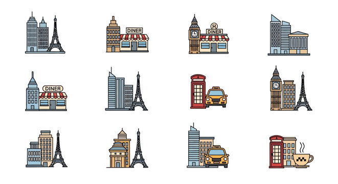 Collection of famous city landmarks icons.