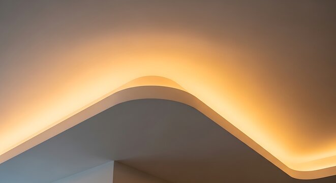 Modern architectural ceiling with curved recessed cove lighting and warm glow