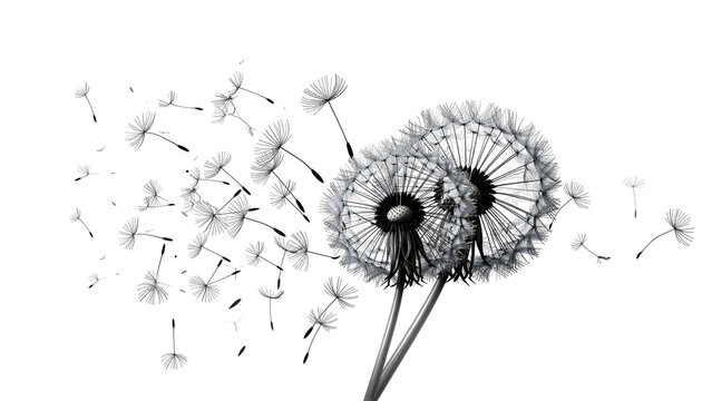 Dandelion seeds flying on white background, soft memorial and mourning concept, symbol of farewell, remembrance, grief and peaceful trauer design for sympathy visuals.