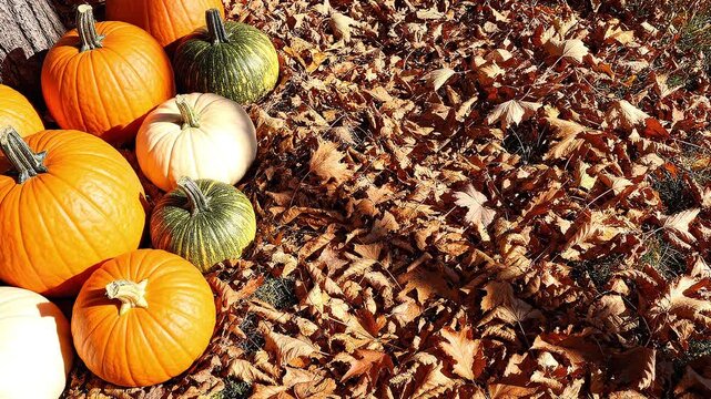 Assorted Pumpkins Sitting on Dried Autumn Leaves in Sunlight