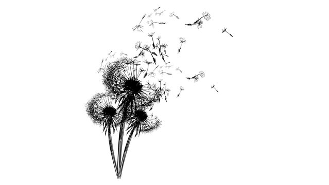 Dandelion seeds flying on white background, soft memorial and mourning concept, symbol of farewell, remembrance, grief and peaceful trauer design for sympathy visuals.
