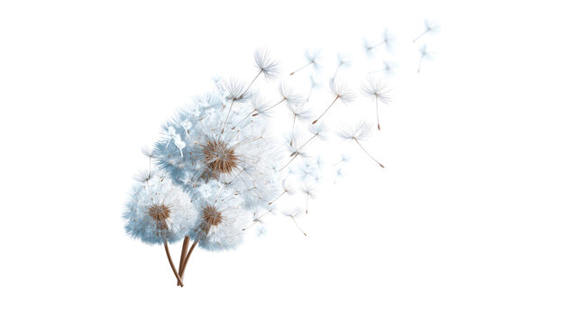 Dandelion seeds flying on white background, soft memorial and mourning concept, symbol of farewell, remembrance, grief and peaceful trauer design for sympathy visuals.