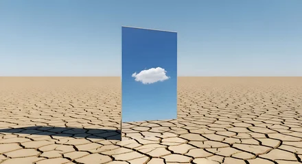 Fototapete Reflection A single white cloud is reflected in a tall rectangular mirror standing upright in a barren, cracked desert landscape under a clear blue sky  © Fahmi87