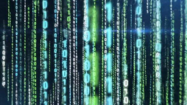 Abstract digital data stream with binary code moving on the screen. Information technology concept with a dark background and a futuristic look