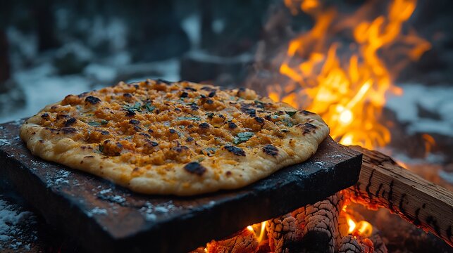 Winter evening meal with piping hot hareesa naan and kebabs enjoyed around a bonfire with loved ones under the night sky
