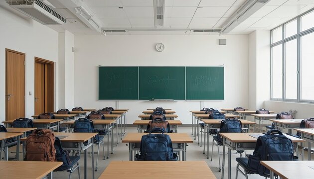 An empty classroom with desks and backpacks in a modern school setting with a green chalkboard and white walls