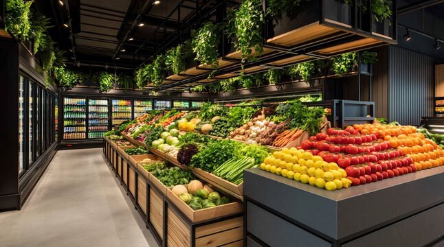 Modern upscale grocery store interior with fresh organic produce display