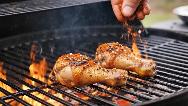 Close-up shot of two cooked poultry pieces grilling over hot flames on a metal barbecue grill, ready to eat outdoors