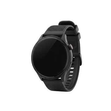 Black smartwatch with a round face and rubber strap isolated on transparent background