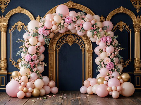 Elegant 3d photography backdrop featuring a pink balloon arch with floral accents and golden ornate frames on a navy blue wall over a wooden floor