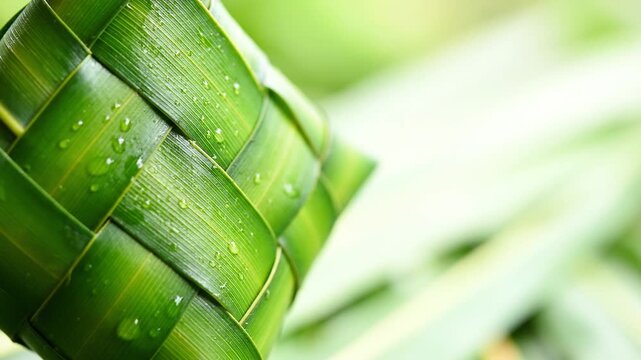 Traditional Ketupat Rice Cake Wrapped in Woven Green Palm Leaves
