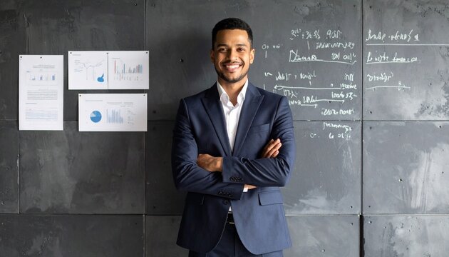 Success personified: A confident professional stands arms crossed against a backdrop of charts and graphs. Portraying poise, knowledge, and ambition.