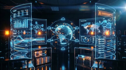 Obraz premium Futuristic Data Visualization with Interactive Global Technology Display