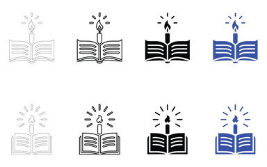 Naklejka premium Open book with a glowing candle vector icon set, open book education symbol vector, silhouette and line art illustration