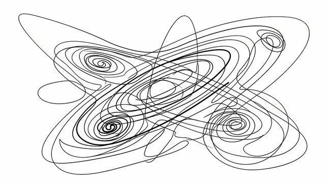 Abstract chaotic attractor diagram with intricate swirling lines, representing complex mathematical dynamics in a monochrome, minimalist style on a white background.
