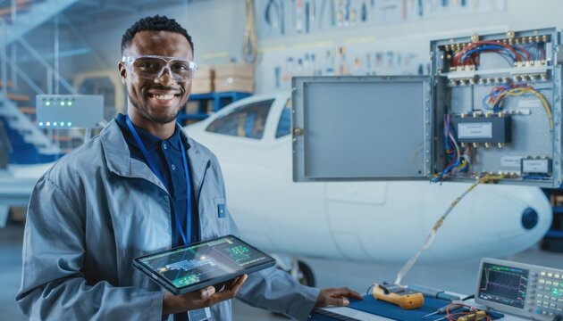Precision Engineering in Aviation: A smiling male engineer in protective eyewear and a lab coat stands confidently in an aircraft hangar, tablet in hand.