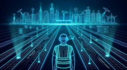 Naklejka premium Man in VR headset viewing futuristic smart city with IoT network