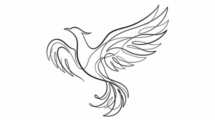 Fototapeta premium Elegant single line drawing of a mythical phoenix bird with outstretched wings, symbolizing rebirth and hope, rendered in a minimalist black and white style against a clean backdrop.