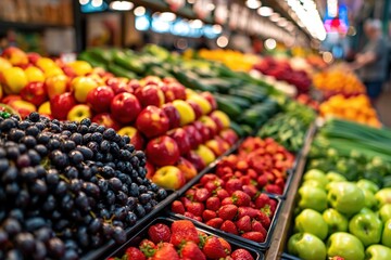 Obraz premium Fresh colorful fruits and vegetables display in an indoor food market