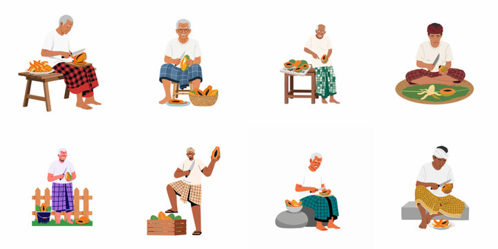 Collection of senior Asian men in traditional sarongs peeling and preparing ripe papayas in various poses and settings.
