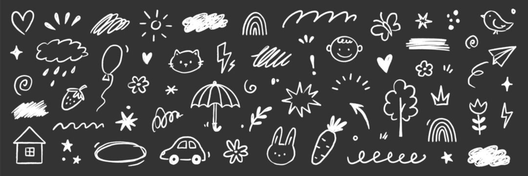 Kid element cute icon set. Kid icon heart, star, cloud element line hand drawn sketch on background. Cute childish chalk crayon art with flower, rainbow, sun on chalkboard. Vector illustration