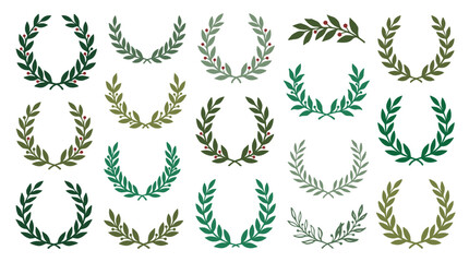 Fototapeta premium Collection of Laurel Wreaths and Decorative Branches Symbolizing Victory Achievement and Excellence in Various Green Hues