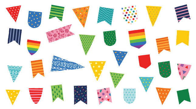Colorful festive bunting flags collection for party decoration and celebration events seamless pattern background for design