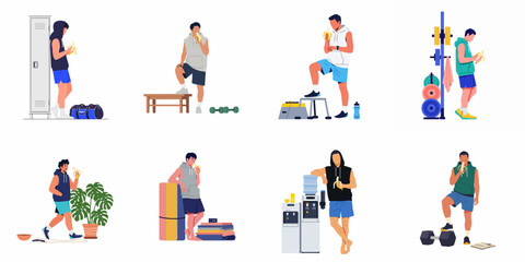 Fototapeta premium Flat vector illustrations of a man eating a banana for a healthy energy snack during different gym and workout scenarios.