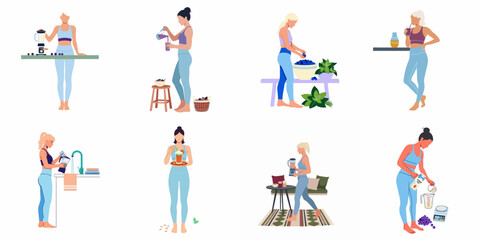 Naklejka premium Collection of flat illustrations of young women in athletic wear preparing healthy smoothies and snacks, promoting a wellness and fitness lifestyle.