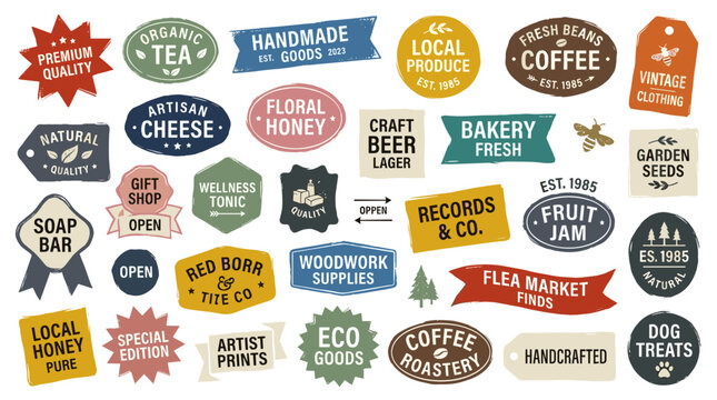 Collection of vintage style labels and badges for local businesses and artisanal products, featuring handwritten fonts and rustic designs