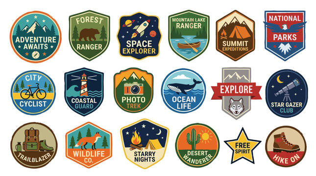 Collection of vintage style adventure and outdoor activity patches with nature and travel themes