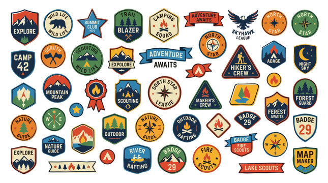 Collection of vintage outdoor adventure badges and emblems for camping hiking and exploration symbolizing nature and travel