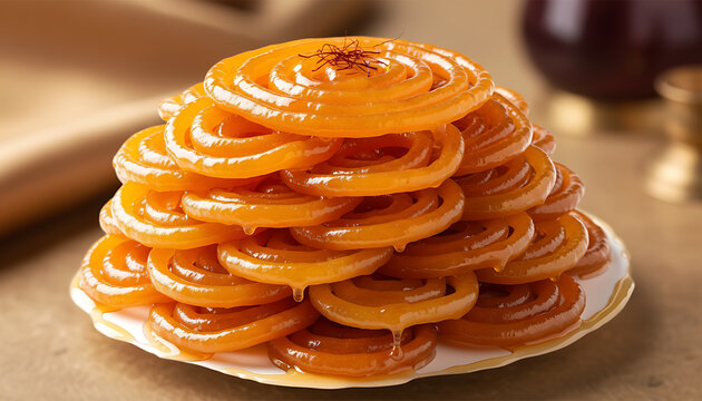A stack of jalebi sweets on a white plate with golden edges