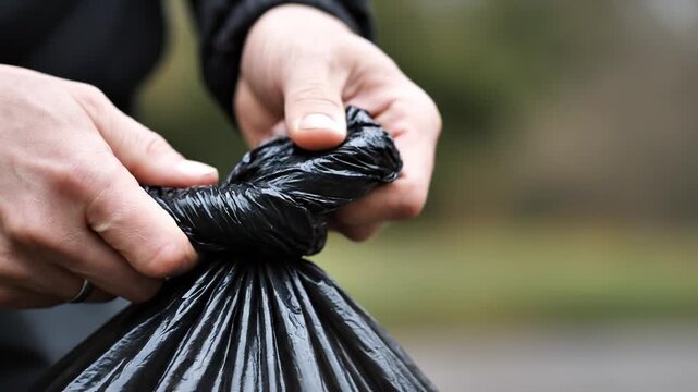 Hands closing and knotting a black plastic garbage bag for waste disposal