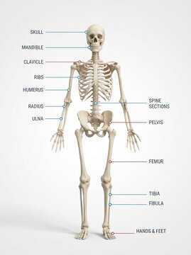 An labeled human skeleton displaying major bone groups and sections.
