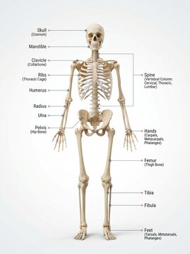 A detailed anatomical chart of the human skeleton with bone names.