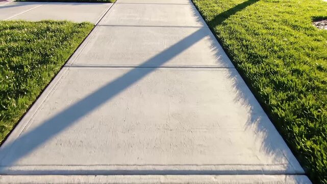 POV walking forward along a concrete sidewalk through a sunny park