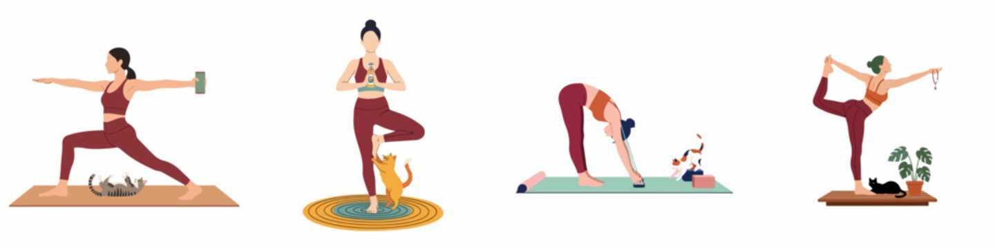 Set of flat vector illustrations featuring women practicing yoga at home with their pet cats in various poses.