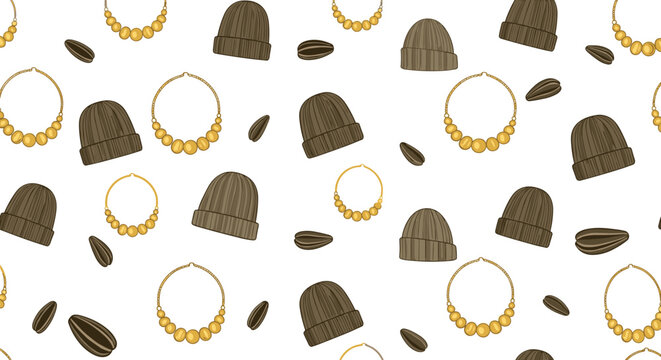 Hip hop inspired pattern with brown beanies, gold necklaces, and black sunflower seeds on a white background for youth culture.