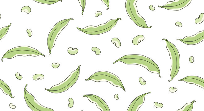 Clean seamless pattern showcasing fresh green bean pods and small round bean seeds on a white background for food packaging.