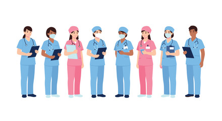 Fototapeta premium Diverse line up of eight medical professionals wearing various colored scrubs and masks while holding clipboards on a clean white background.