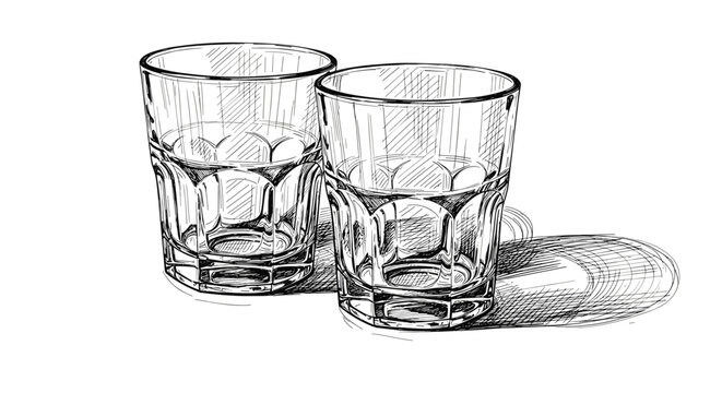 Detailed black and white sketch featuring two rocks glasses partially filled with liquid showing intricate shadows and reflections for barware design.