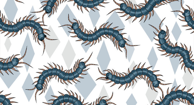 Unusual seamless pattern of long dark centipedes crawling over a background of pale grey diamond shapes for an edgy and striking graphic design.