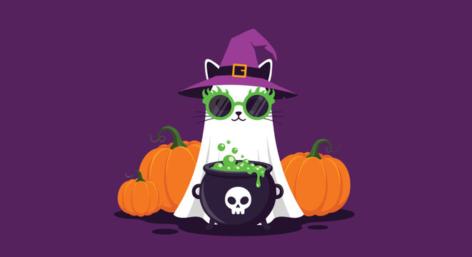 Funny Halloween illustration of a white cat dressed as a ghost and witch standing next to a cauldron and pumpkins.