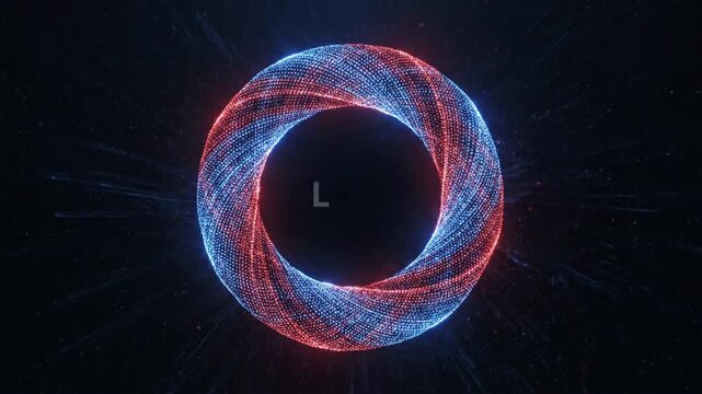 Red blue particles create a circular ring motion design for logo and branding use with modern effects