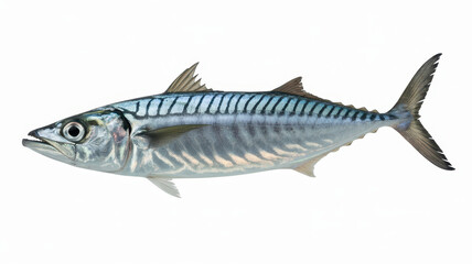 Fototapeta premium Fresh raw mackerel fish isolated on a white background, side view of a whole silver saltwater fish