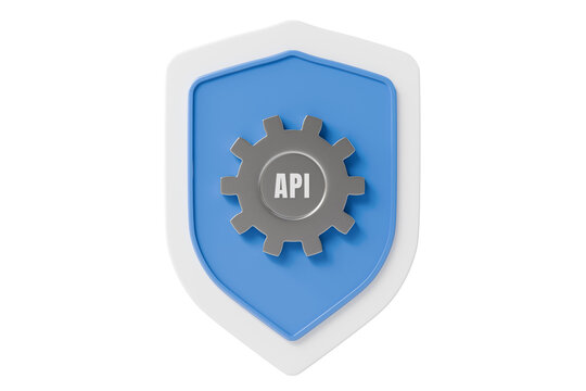 3d API shield gear icon. API security concept. minimal cartoon shield settings cog for secure software integration service. isolated on white transparent background. 3d render.