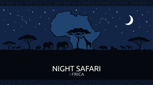 African Night Safari Poster - Wildlife Silhouette under Starry Night Sky and Moon