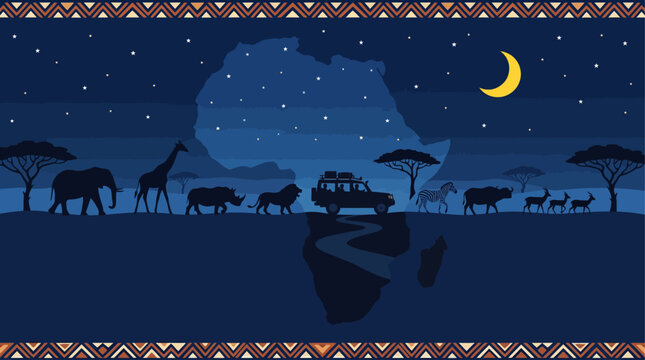 Night time Savannah Journey Vector - Safari Vehicle and Animals Silhouette with Africa Map