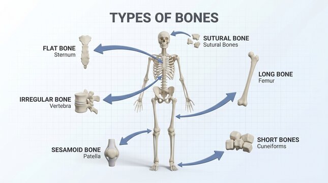 An educational chart displays the various types of bones in the human body.